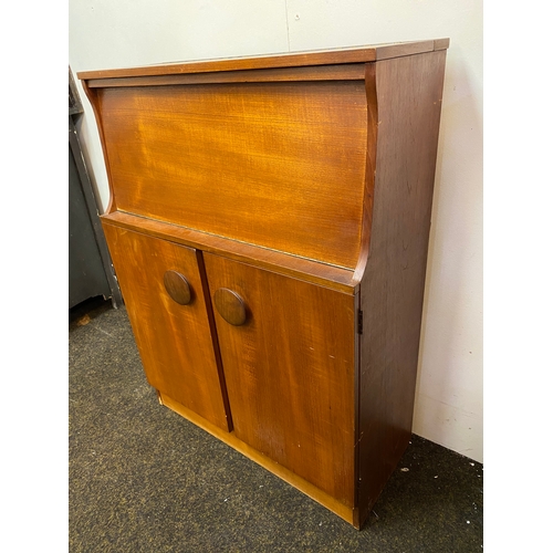 532 - Solid Wood Mid Century Drinks Cabinet by George Serlin & Sons Ltd. with Original Accessories, damage... 