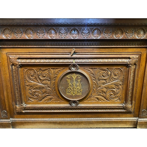 535 - Heavily Carved Solid Oak Sideboard of Grand Proportions, Front lock replaced with catch