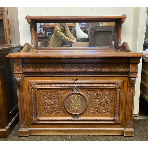 535 - Heavily Carved Solid Oak Sideboard of Grand Proportions, Front lock replaced with catch