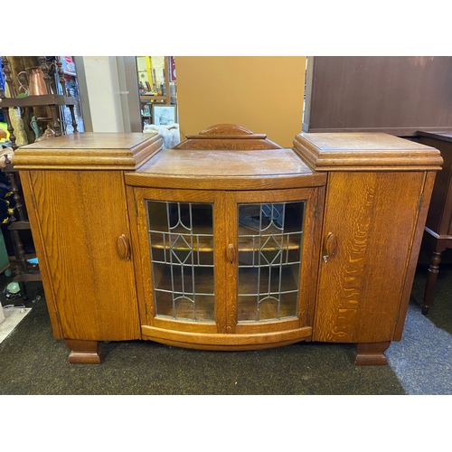 537 - Heavy Solid Oak Sideboard with Central Leaded Glass Cabinet, with two Working Keys