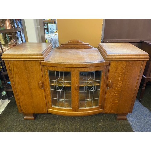 537 - Heavy Solid Oak Sideboard with Central Leaded Glass Cabinet, with two Working Keys