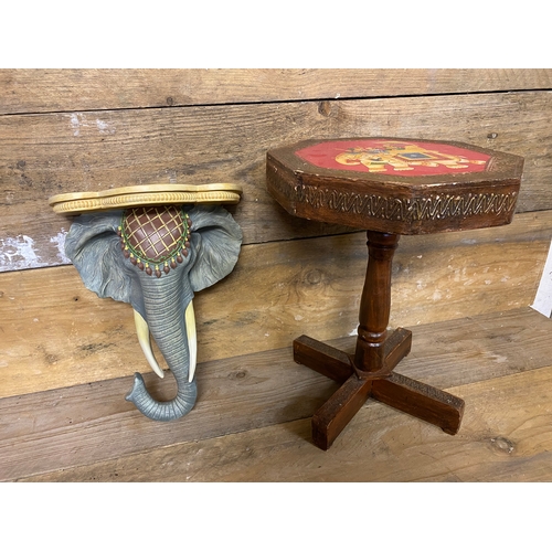 541 - Resin Elephant Form Shelf and Small Carved Table featuring Elephants