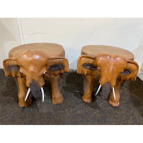 388 - Pair of Heavy Wooden Carved Elephant Log Stools