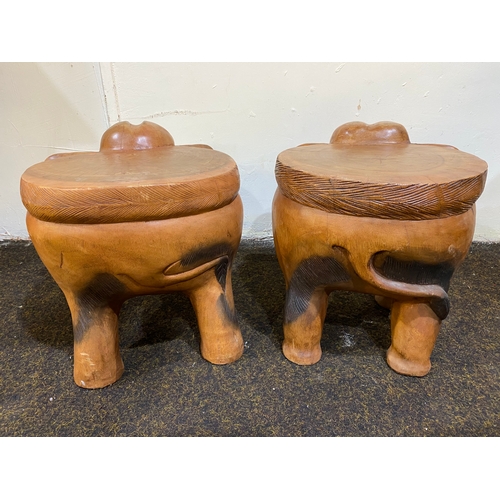 388 - Pair of Heavy Wooden Carved Elephant Log Stools