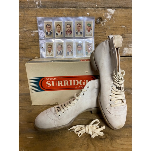 89 - 1950's Stuart Surridge Cricket Boots (size 8) with Original Box and Cricket Cigarette Cards