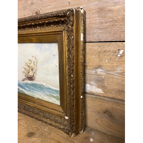 25 - Gilt Framed Watercolour on Board Ship at Sea Scene