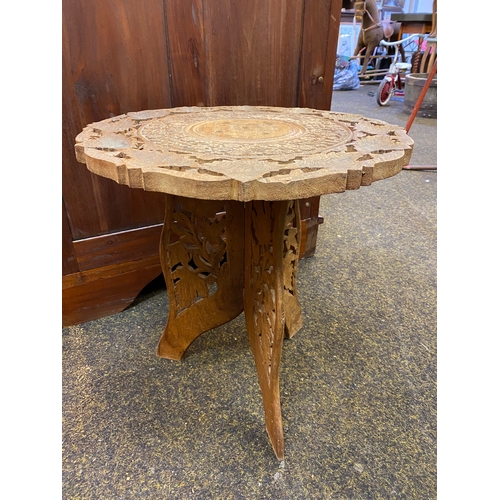 398 - Carved Wooden Moroccan Table with Gold Metal Inlay