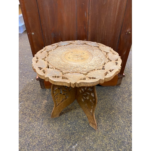 398 - Carved Wooden Moroccan Table with Gold Metal Inlay