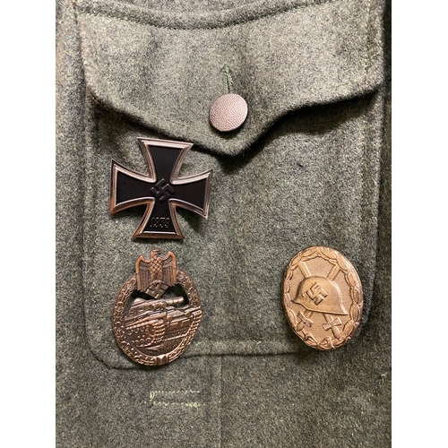 115 - Military Wool Jacket (size S) and Cap with Reproduction Nazi Badges and Medals