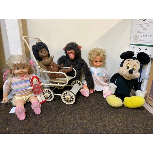 357 - Collection of Vintage Dolls, with Mickey Mouse Toy and Vintage Dolls Pram