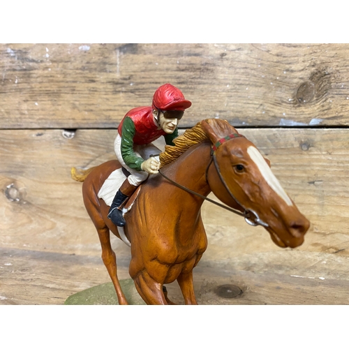 132 - Heredities Hand Painted Horse and Jockey Model by David Geenty 'Single Racehorse'