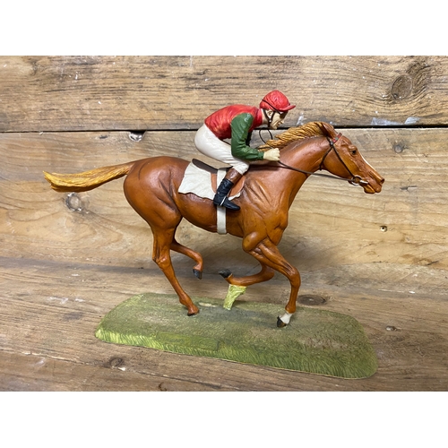 132 - Heredities Hand Painted Horse and Jockey Model by David Geenty 'Single Racehorse'