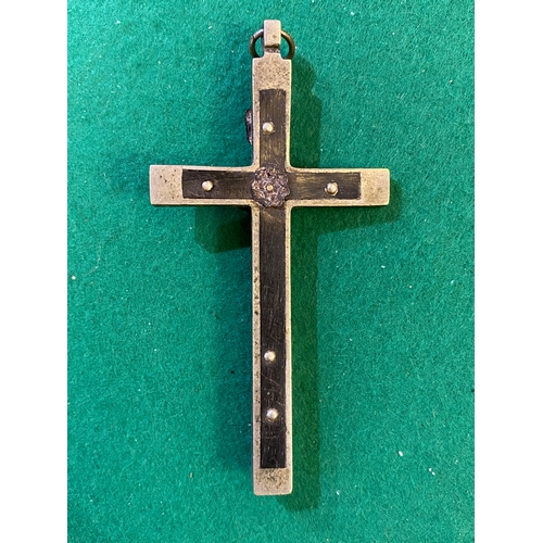 195 - Metal Crucifix with Dark Wood Inlay baring Golgotha Skull, c.19th Century