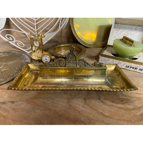 49 - Mixed Metalware including Miniature Clocks and Heavy Brass Desk Tray