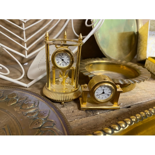 49 - Mixed Metalware including Miniature Clocks and Heavy Brass Desk Tray