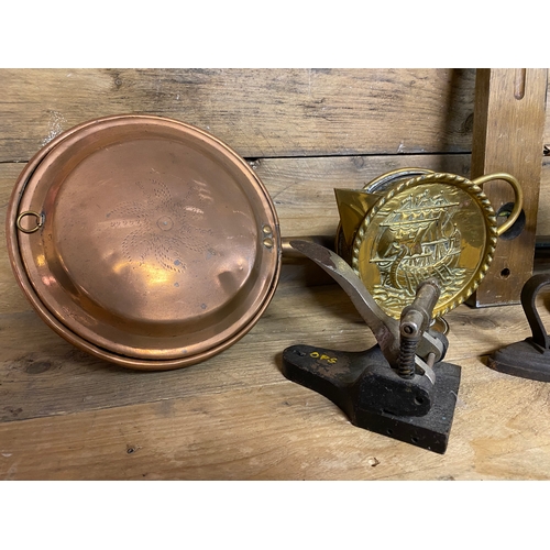 52 - Collection of Metalware including Copper Kettle with Skillet and Cast Flat Iron