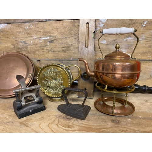 52 - Collection of Metalware including Copper Kettle with Skillet and Cast Flat Iron