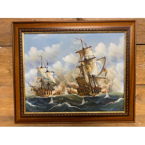 158 - Framed Oil on Canvas Naval Scene (62x52cm), Signed