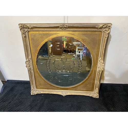 172 - Ornate Gilt Framed Elizabeth II Etched Mirror (80x80cm)