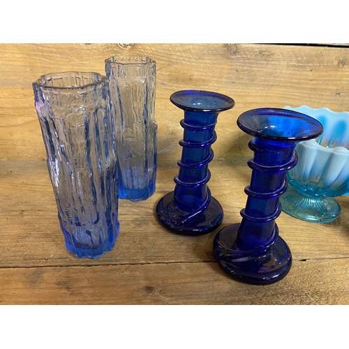 255 - Collection of Blue Glass including Davison Bowl (AF) and Bristol Blue Candlesticks