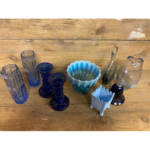 255 - Collection of Blue Glass including Davison Bowl (AF) and Bristol Blue Candlesticks