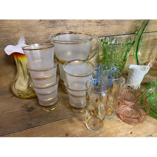 258 - Collection of Coloured Glass including White Vaseline Glass Jug