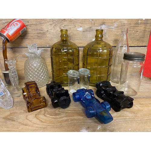 259 - Mixed Collection of Glassware including Car themed Bottles and (AF) Glass Pineapple