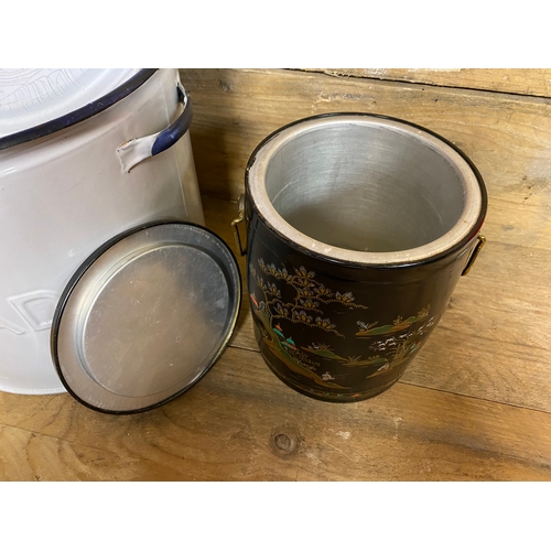 288 - Pair of Ice Buckets and Vintage Enamel Breadbin