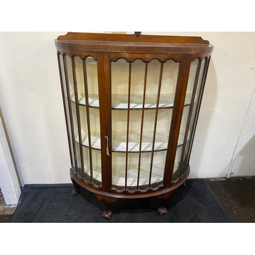 335 - 1930's Bow Fronted Glass Cabinet on Ball & Claw Feet, Crack to the glass