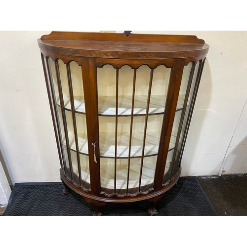 335 - 1930's Bow Fronted Glass Cabinet on Ball & Claw Feet, Crack to the glass