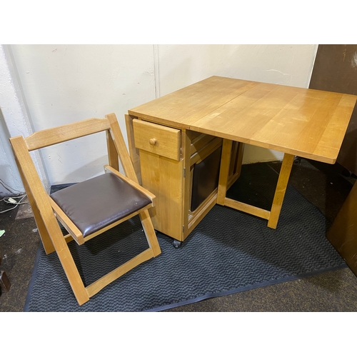 347 - Solid Wood Dining Table with Storage Cupboard containing 4x Folding Chairs