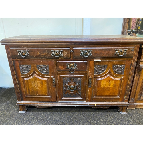 354 - Solid Oak Gothic Style Sideboard, c.Edwardian