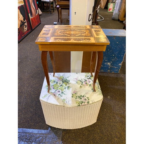 363 - Italian Inlaid Sewing Table and Lloyd Loom Lusty Pouffe