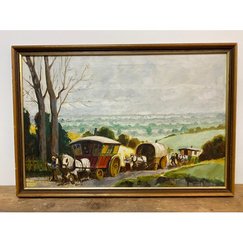 257 - Framed oil on canvas of Horses with Caravans, signed (82x56.5cm)