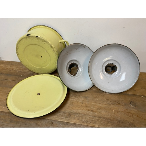 296 - Enamel Pan and Pair of Industrial Shades