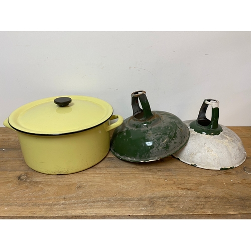 296 - Enamel Pan and Pair of Industrial Shades