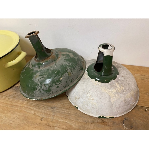 296 - Enamel Pan and Pair of Industrial Shades