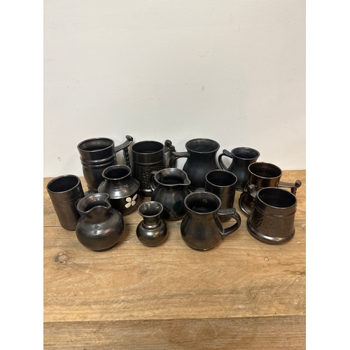 334 - Collection of 13 Prinknash black glazed pottery