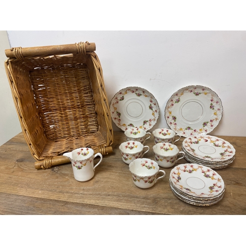 343 - Hand Painted Floral Part Ceramic Teaset with Wicker Basket