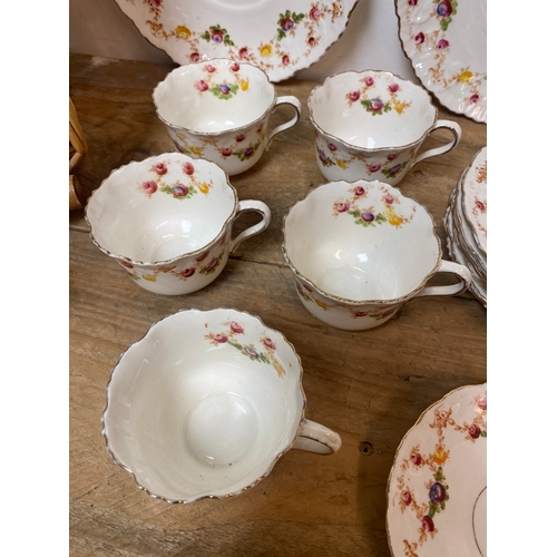 343 - Hand Painted Floral Part Ceramic Teaset with Wicker Basket