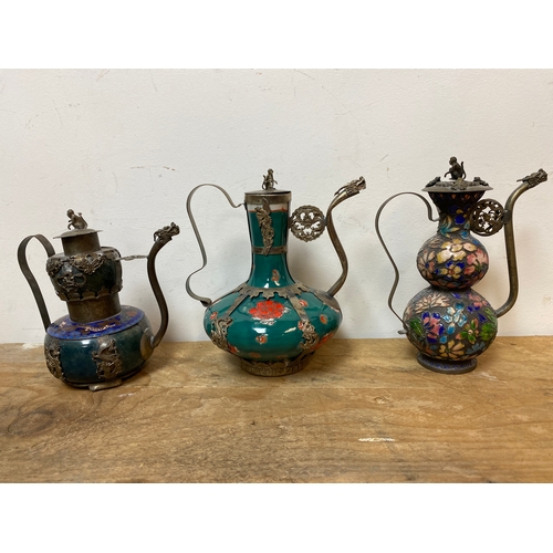 311A - Trio of Oriental Enamelware Vessels featuring Dragons, frogs and monkeys