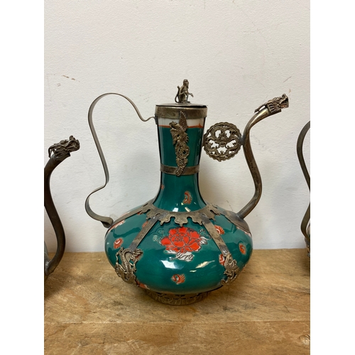 311A - Trio of Oriental Enamelware Vessels featuring Dragons, frogs and monkeys