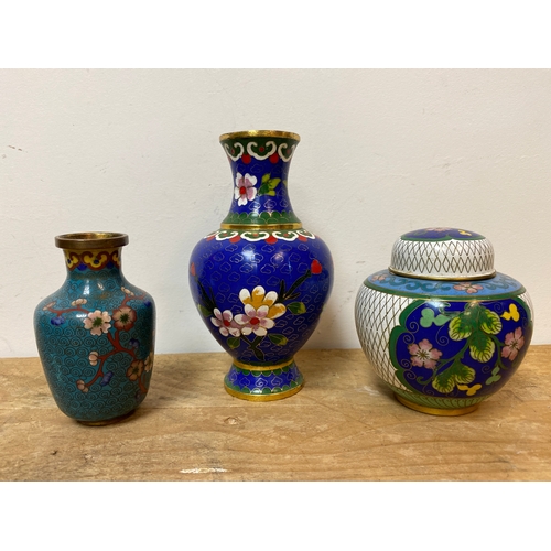 311B - Pair of Oriental Cloisonné Vases with Cloisonné Lidded Urn