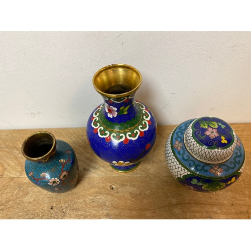 311B - Pair of Oriental Cloisonné Vases with Cloisonné Lidded Urn