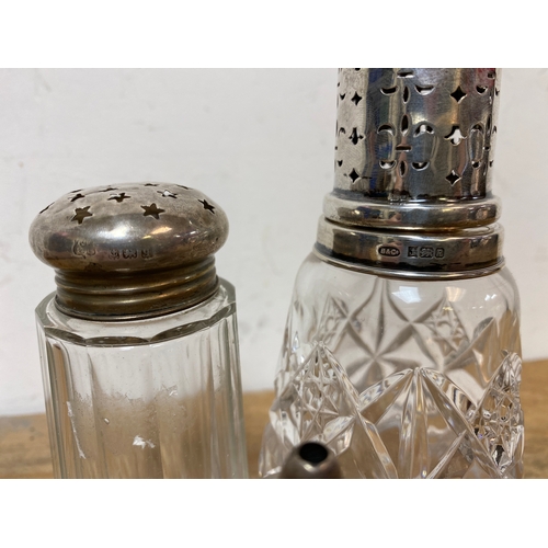 13 - Silver Lidded Salt Cellar and Two Silver Lidded Sugar Shakers, all Birmingham Hallmarked