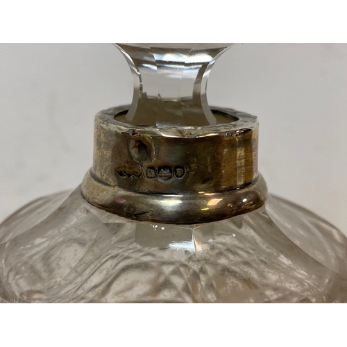 16 - Cut Glass 5.5” Scent Bottle with Silver Collar, London Hallmarked