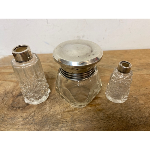 18 - Silver Lidded Trinket Pot Birmingham Hallmark and Two Scent Bottles with Silver Collars (No lids) Lo... 