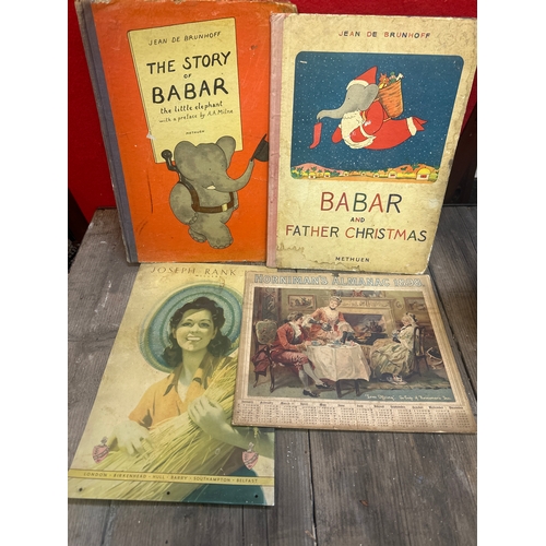 79 - Two 1940s Barbar children’s books a vintage calendar and a tin picture