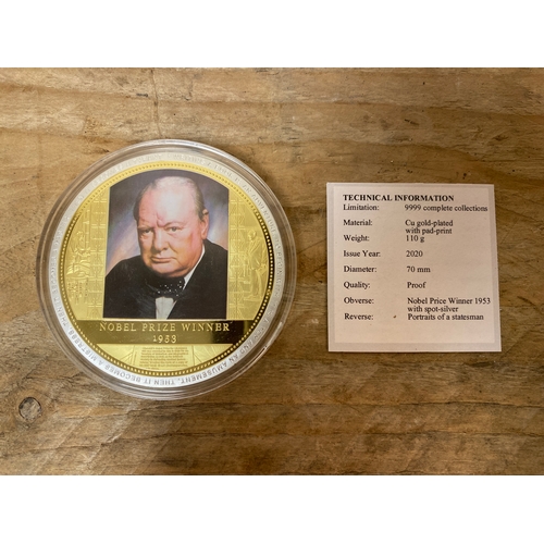 88 - 110g Gold Plated Medallion - Sir Winston Churchill Nobel Prize Winner 1953, Proof