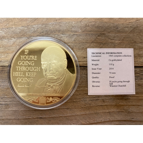 89 - 110g Gold Plated Medallion - Sir Winston Churchill ‘If you’re going through hell’ 2014 Issue, Proof